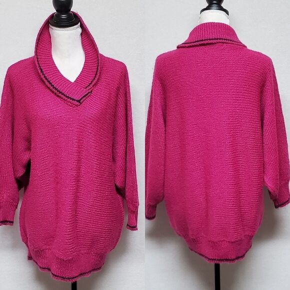 Vintage 1990s Gitano Ribbed Knit Magenta Black Striped Shawl Collar Sweater 22W - Picture 1 of 14